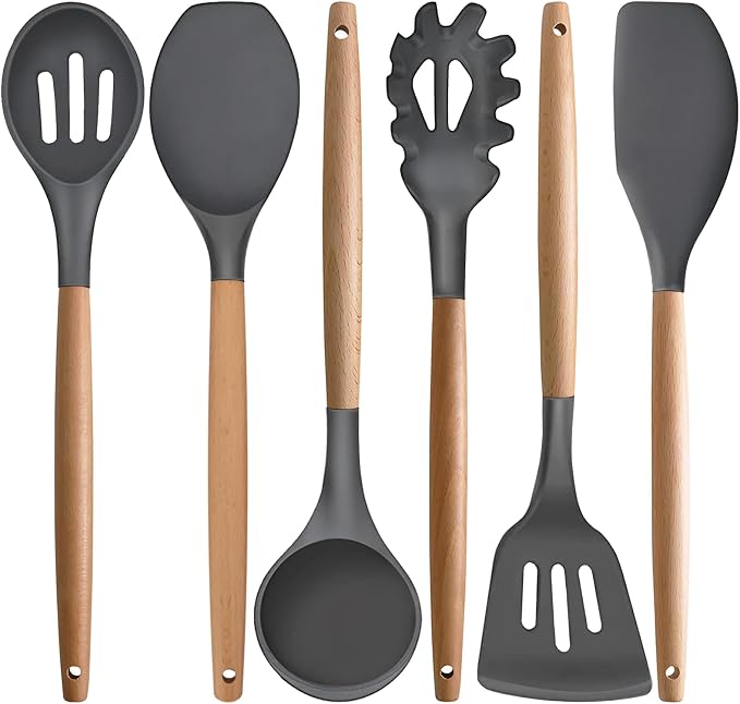 Kitchen Cooking Utensils Set, 6Pcs Silicone Kitchen Utensils Set Spatula Spoon Soup Ladle Turner, Heat Resistant Wooden Handle Silicone Cooking Gadgets for Nonstick Cookware & Baking BPA FREE by IOCBYHZ
