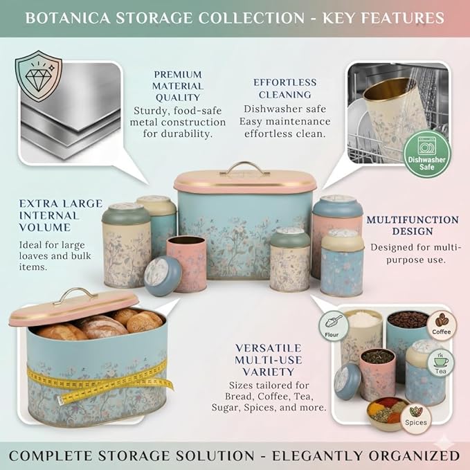 MARIA ROMA 7 Pcs Bread Box Set for Kitchen Countertop and Canisters Sets for the Kitchen Ideal for Bread Basket Sugar Container Coffee Canister Tea Tin Breadbox Vintage and Rustic Model - Image 4