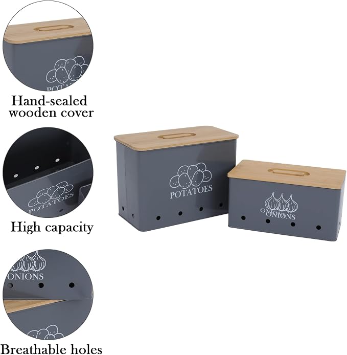 Potato Onion Storage Box, Food Container Sets, Storage Canisters for Vegeatables, Set of 2 Jars Pots Containers, Potato & Onion Bin with Aerating Tin Storage Holes & Bamboo Lid-Gray - Image 2