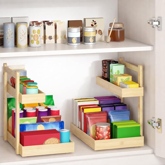 Bamboo Under Sink Organizer 2 Pack, 2-Tier Pull Out Cabinet Organizer | Kitchen Sink Organizer | Bathroom Cabinet Organizer | Cleaning Supply Storage | L-Shape | 3-Level Adjustable | Natural Bamboo - Image 3