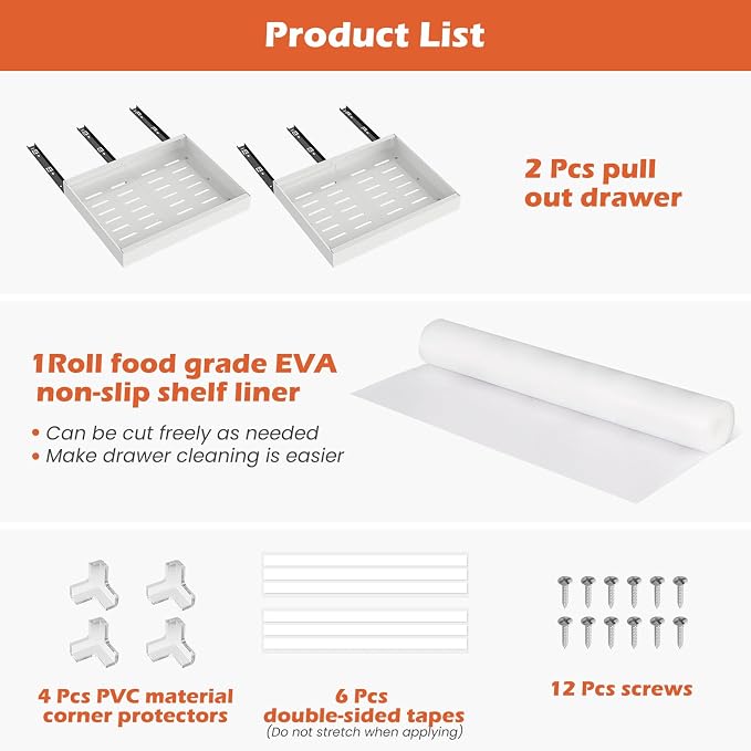 lockincar 2 Pack Expandable Pull Out Cabinet Organizer 21" Deep, Adjustable Width 12.2"-20.4" Slide Out Drawers & Roll Out Shelves for Kitchen Cabinets, Easy Install with Double-Sided Adhesive, White - Image 6