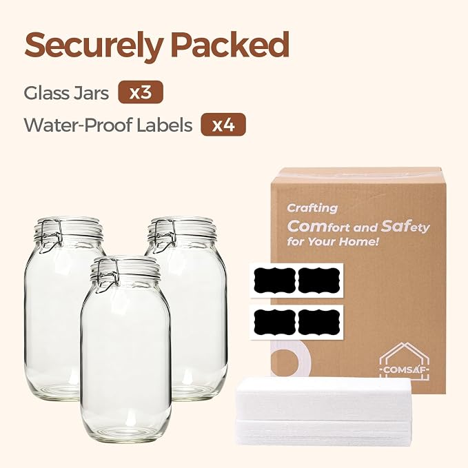 ComSaf Large Glass Jars with Airtight Lids 71 oz 3 Pack Pantry Organization | Flour sugar rice, Pickling jar, Fermenting Pantry Canisters, Sourdough starter, Large capacity, Dry goods, Sourdough pickling - Image 8