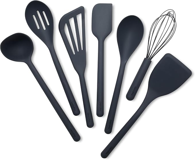 GreenPan Silicone 7 Piece Cooking Utensil Set, Ladle, Turners, Spatula, Spoons, Whisk, Flexible Nonstick Kitchen Tools Rigid Steel Core, Heat-Resistant, Anti-Slip Handle BPA-Free Dishwasher Safe, Gray by GreenPan
