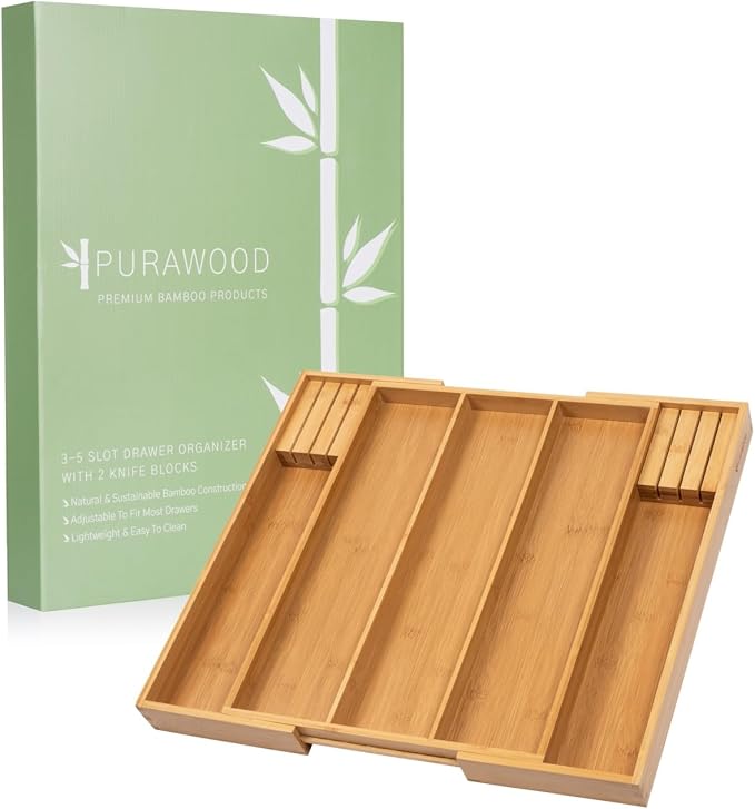 Purawood Kitchen Drawer Organizer with Knife Blocks - Utensil Drawer Organizer for Kitchen, Cutlery Tray & Silverware Organizer, 3-5 Slots - Bamboo Organizer for Utensils & Flatware (Natural) - Image 2