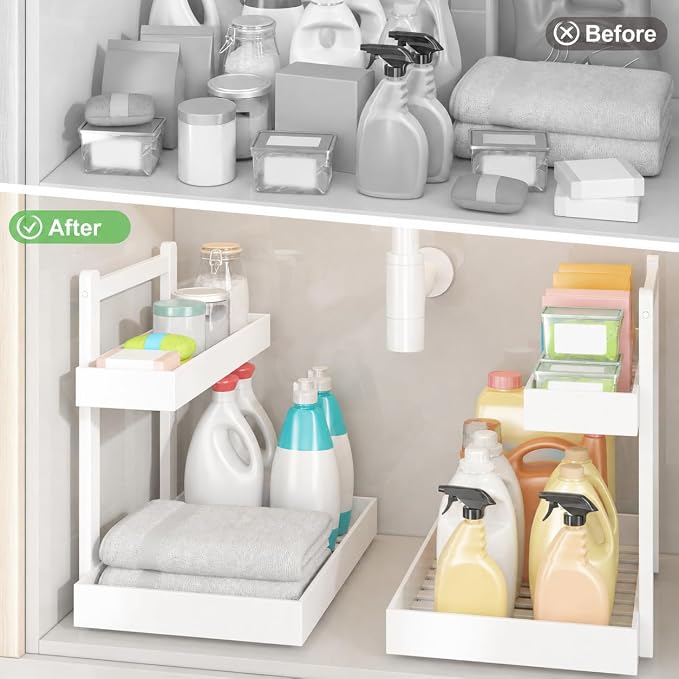 Bamboo Under Sink Organizer 2 Pack, 2-Tier Pull Out Cabinet Organizer | Kitchen Sink Organizer | Bathroom Cabinet Organizer | Cleaning Supply Storage | L-Shape | 3-Level Adjustable | Natural Bamboo - Image 6