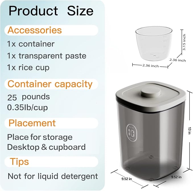 22-25 Lbs Rice Dispenser Storage Container | 10l /10.5 Qt Capacity, With Measuring Cup & Cleaning Brush, Kitchen Pantry Cereal & Pet & Laundry Pod Bin - Image 6