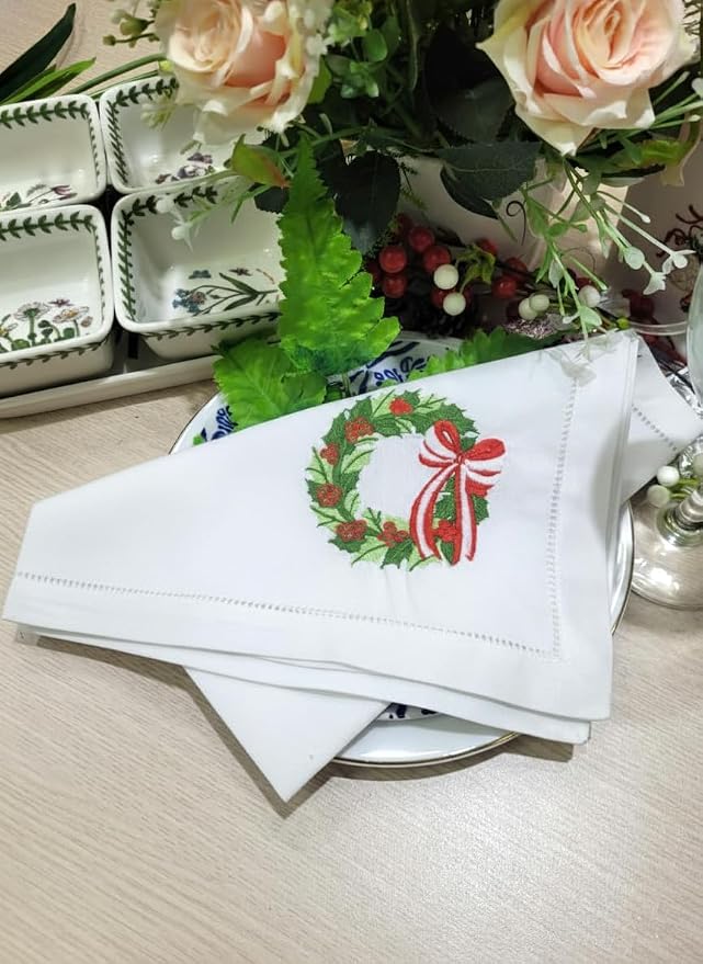 – Embroidered Cloth Napkin Holly Christmas Wreath Cotton Napkins Set of 6, 20 x 20”, Hemstitch Table Napkins, Machine Washable, Daily & Holidays, Great Gift Ideas - Image 3