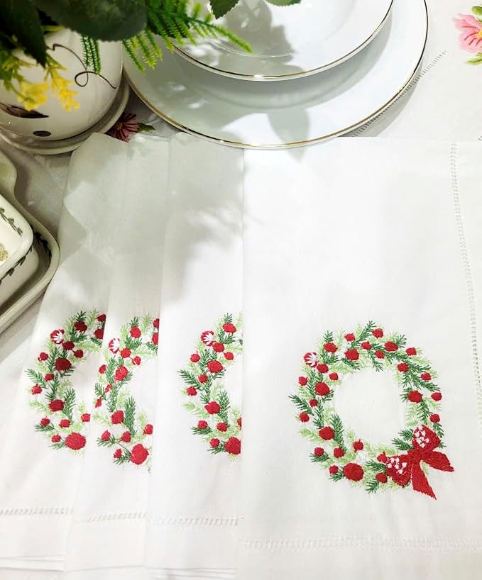 Embroidered Cotton Napkins Christmas 20x20 (Wreath Red Berries Christmas) - Image 8