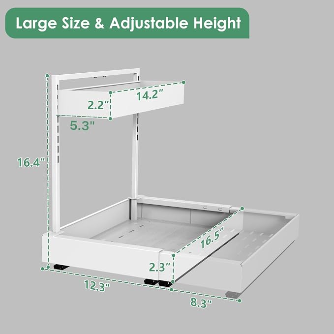 L-Shaped Under Sink Organizer with 6-Level Height Adjustment | Expandable Width, Pull-Out Cabinet Storage Rack with Quiet Sliding Rails for Kitchen, Bathroom, Laundry Room Cabinets, White - Image 5