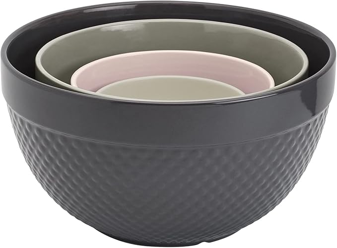 Tabletops Gallery Hobnail Style 4 Piece Timeless Grey Stoneware Nesting Mixing Bowl Set for Baking and Cooking - Image 3