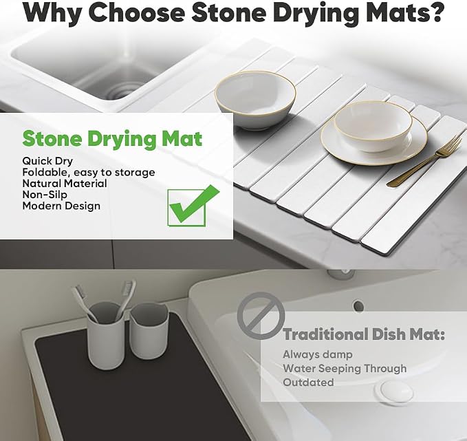 Stone Drying Mat for Kitchen Counter, Quick Diatomaceous Earth Mats for Dishes, 24"L x 16" W Super Absorbent Fast-Drying Collapsible Countertop Stone Mat (White, 24" x 16") - Image 5