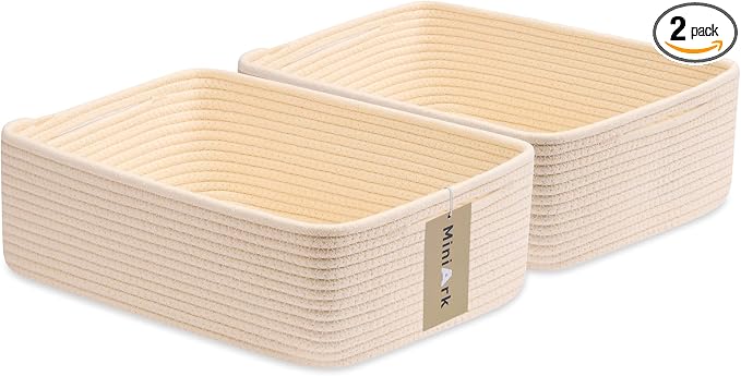 MiniArk Large Shallow Organizing Baskets 15x11x5.1 Inches - Rope Woven Storage Bins for Bathroom, Shelves, Cube Closet, Beige 2 Packs by MiniArkStorageBasketsHome