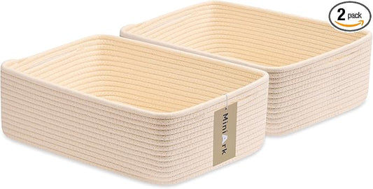 MiniArk Large Shallow Organizing Baskets 15x11x5.1 Inches - Rope Woven Storage Bins for Bathroom, Shelves, Cube Closet, Beige 2 Packs by MiniArkStorageBasketsHome