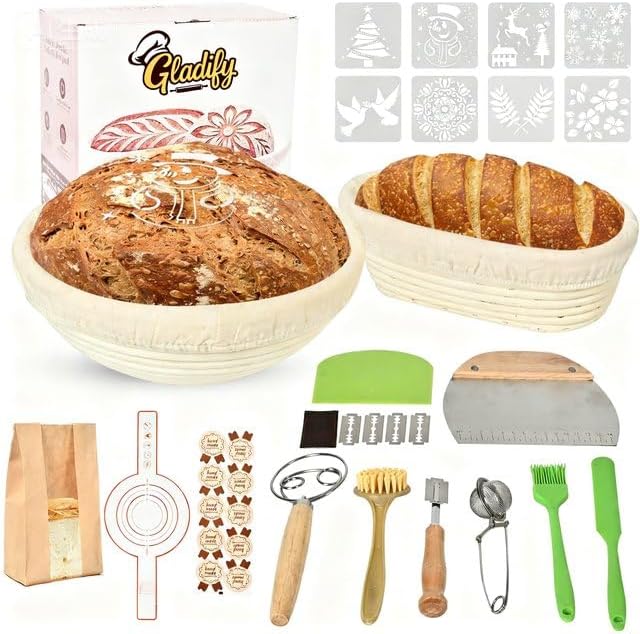 Banneton Bread Proofing Basket Set, 9" Round & 10" Oval Sourdough Bread Baking Supplies, Sourdough Starter Kit, Bread Making Tools Gift Set for Beginner Professional Bakers by Gladify