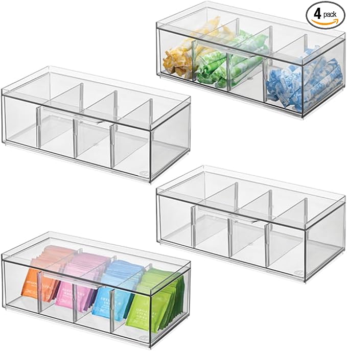 iDesign XL Tea Bag Organizer, 4-Section Clear Stackable, 4-Pack | For Counter, Storage Drawer, For Cabinet by iDesign