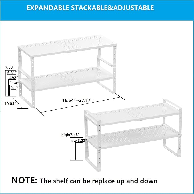 Expandable,Adjustable & Stackable Spice Rack, Cabinet Kitchen Countertop Shelf Organizer,Metal Pantry Storage Shelves - Space-Saving Storage Solution(2Packs/White/Large) - Image 4