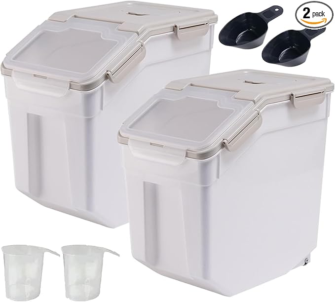 50 lbs Flour Storage Container, 2 Pack Rice Storage Container with Measuring Cup & Scoop, Pet Food Storage Container Dog Cat Food Bin, Grey by MCMEICHUANG