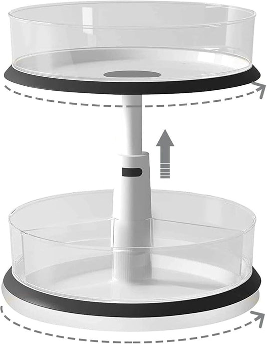 2 Tier Lazy Susan Turntable Kitchen Spice Rack Organizer for Cabinet Rotating Carousel Lazy Susan for Table Spice Storage Pantry Organization Height Adjust & Detachable Large Plastic Clear Bins by WELLHOME
