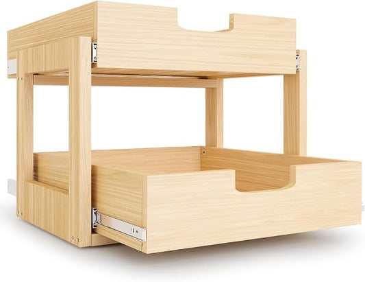 Pull Out Cabinet Organizer, 23''W×21''D×16''H Soft Close Slide Out Wooden Pull out Drawers, Double Tier Slide out Wood Cabinet Organizer, for Base Cabinet Organization in Kitchen, Pantry, Bathroom by GREHITK