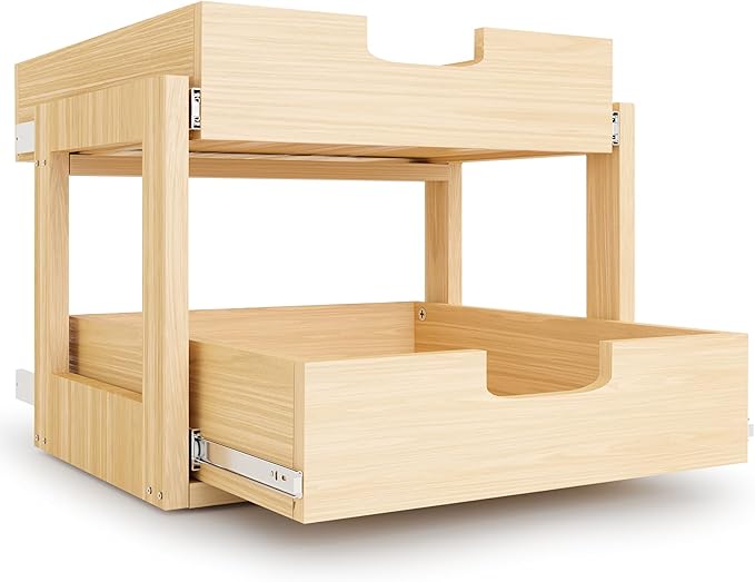 Pull Out Cabinet Organizer, 17''W×21''D×16''H Soft Close Slide Out Wooden Pull out Drawers, Double Tier Slide out Wood Cabinet Organizer, for Base Cabinet Organization in Kitchen, Pantry, Bathroom by GREHITK