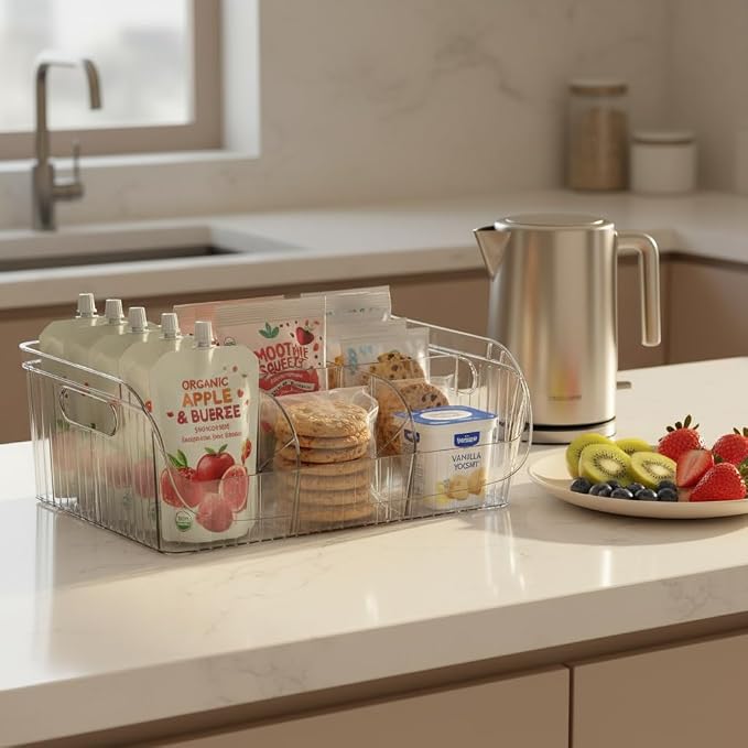 4 Pack Large Snack Organizer for Countertop, Clear Snack Storage Bin | 13.7"×9.3"×6" for Kitchen Pantry, 6 Compartment Plastic Snack Bar with Dividers for Cabinet, Chip Packet Holder for Office - Image 8