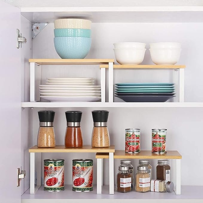 Vrisa Kitchen Cabinet Organizer Stackable Spice Rack Shelves for Cabinet Expandable Pantry Shelves Organizer Set of 4 Bamboo - Image 3