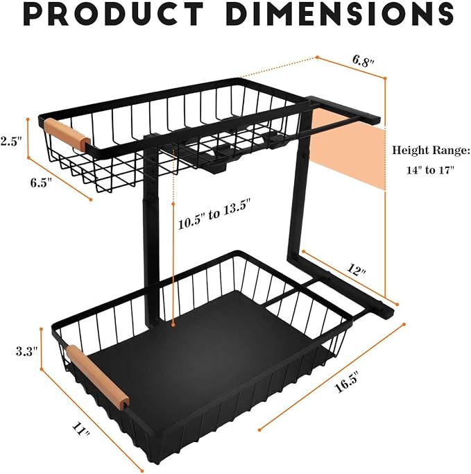 2 Pack Under Sink Organizer Cabinet for Kitchen Bathroom, 2 Tier Metal Slide Out Under Sink Drawers, Adjustable Height, Under Sink Pull Out Organizers and Storage, Black, 13.7" H-17 H - Image 5