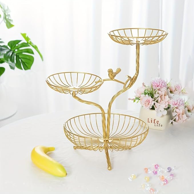 3-Tier Fruit Basket Holder Decorative Fruit Bowl Rack Metal Stand Table Countertop Holder for Vegetables Bread Snack for Kitchen Home Use, Gold (Type E) - Image 7