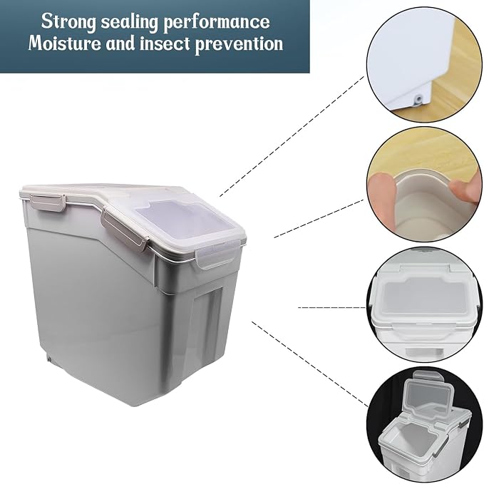 AnRui Rice Storage Container 50LB, Airtight Flour Storage Containers, Plastic Cereal Grain Dispenser Organizer Pet Food Storage Bin with Lid, Measuring Cup, Scoop, Gray, 2Pcs(Total Capacity:100LBS) - Image 4