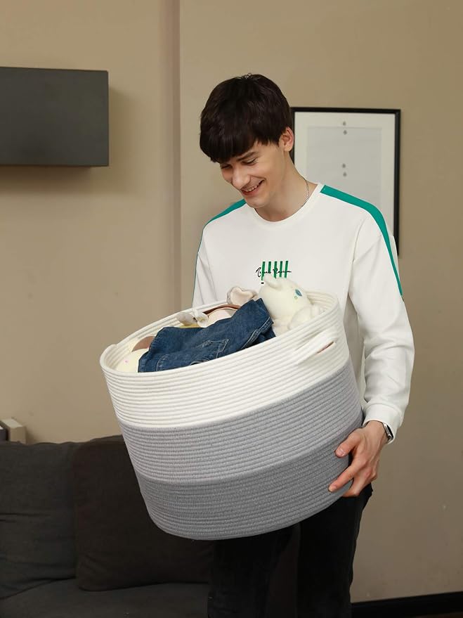 20x15 Inch Extra Large Round Cotton Rope Storage Basket with Lid, Decorative Woven Bin with Cover for Living Room Bedroom Closet, Light Grey & Grey - Image 6