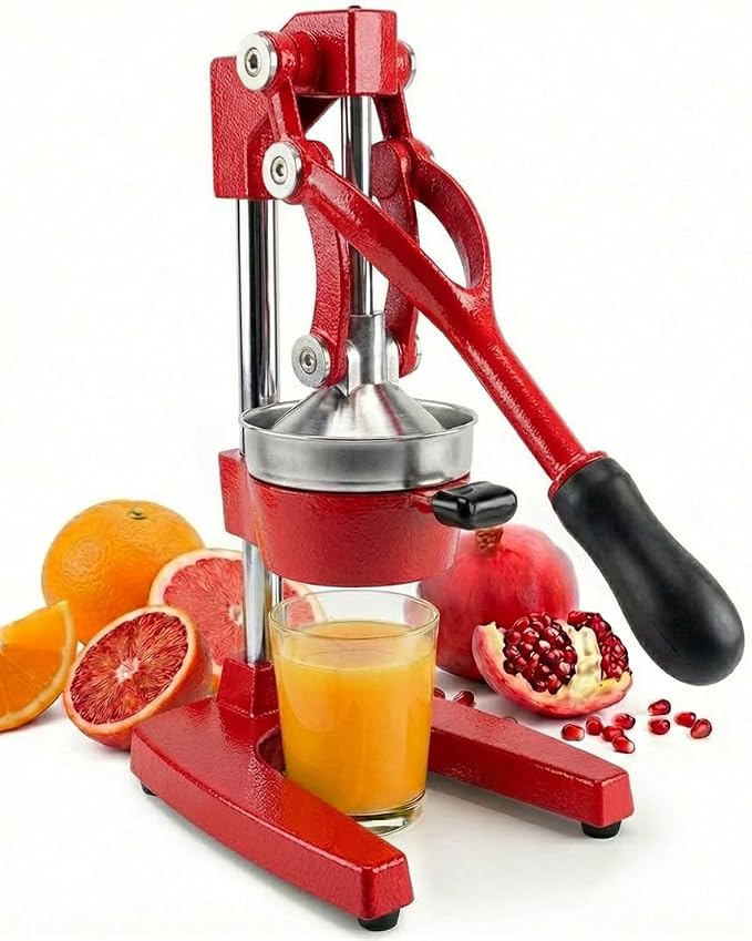 Eurolux Ultra-Premium Cast Iron Juicer | Extra-Large, Heavy Duty, Commercial Grade, Stainless Steel Manual Hand Press Citrus Squeezer For Fresh Orange Juice, Pomegranate, Lemon, and Much More (Red) by Eurolux
