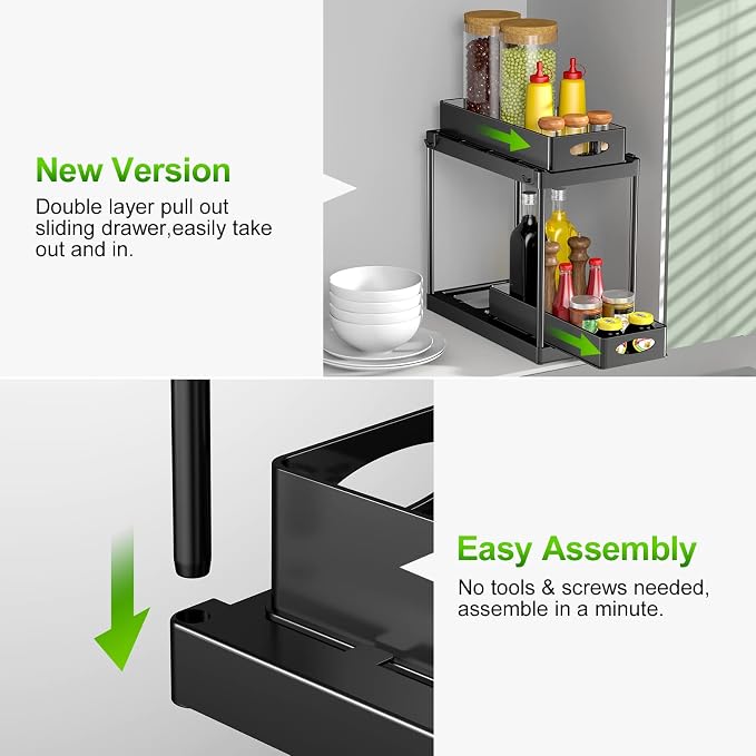 Under Sink Organizer and Storage, 2 Tier Under Sink Organizer with Sliding Pull Out Drawer for Kitchen Bathroom Cabinet Shelf Basket with 8 Hooks (2 Pack) - Image 6