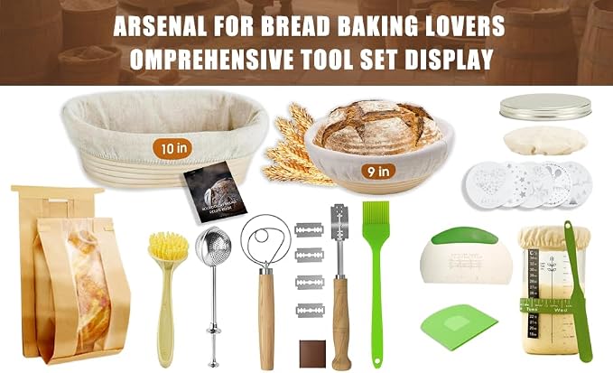 Sourdough starter kit with round and oval proofing baskets, bread sling, fermenter, dough mixer, scraper, mold, complete tool set and bag for complete sourdough bread baking supplies - Image 2