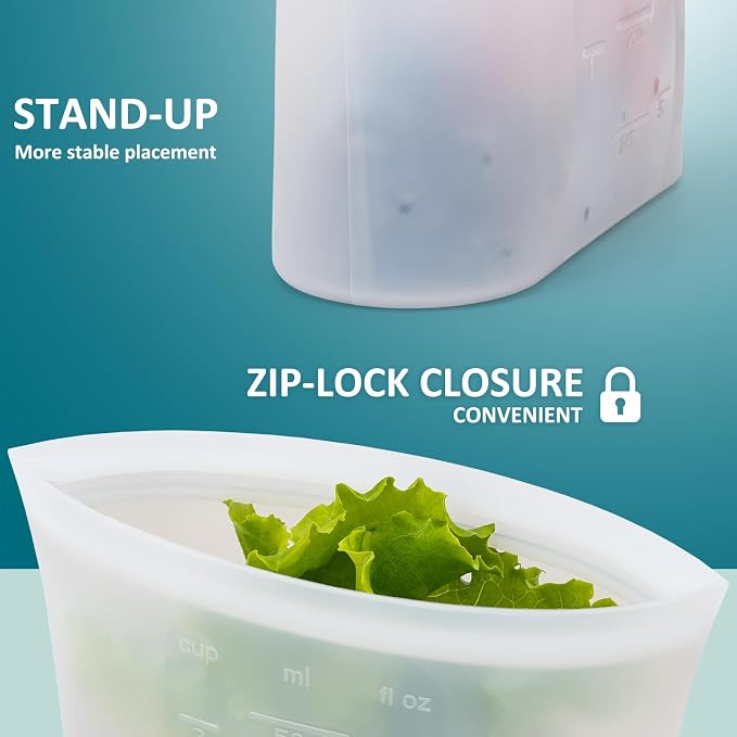 XS Reusable Silicone Food Storage Bags 4 Pack, 16fl oz/500ml, 100% Silicone Stand-Up Wide-Open Zip-Lock Reusable Bags for Small Items, Microwave Freezer Oven Dishwasher Safe, Translucent - Image 3