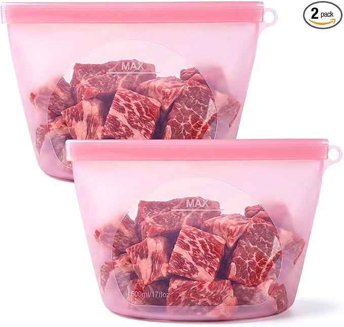 Reusable Silicone Food Storage Bags, Leakproof Freezer Bags for Food, Reusable Zip Bags for Meal Prep, Snacks, Fruit, Meat, Dishwasher Safe 2 Pack (Pink, 500M) by GotoPolishWiz