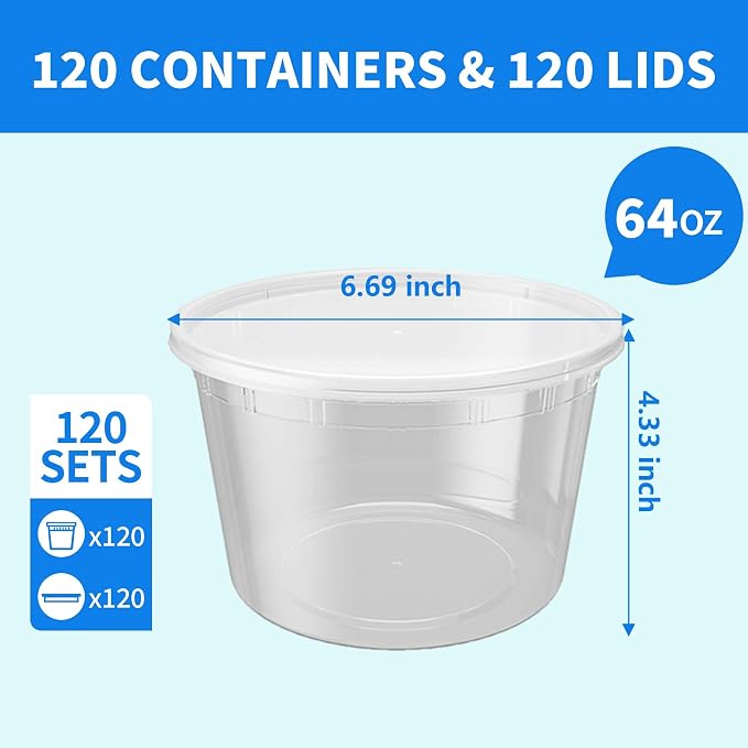 Plastic Deli Containers with Lids, 120 Sets 64 oz Leakproof Soup Cups | BPA-Free, Microwave Freezer Safe, Sturdy and Airtight, Crack-Proof for Takeout, Meal Prep, Slime, Leftovers Storage - Image 2