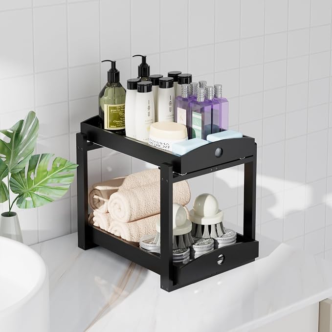 2 Pack Bamboo Under Sink Organizer, 2-Tier Sliding Drawers for Cabinets | Pull-out drawers keep cleaners and tall bottles visible, organized and easy to reach in kitchen or bathroom cabinets - Image 5