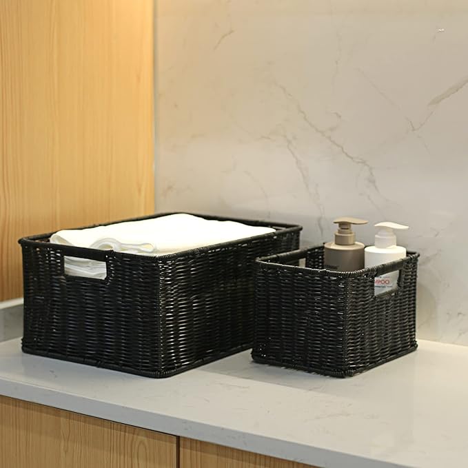 HOONEX Large Wicker Baskets for Storage, Woven Plastic With Dual Handles, Set of 3, Black - Image 3
