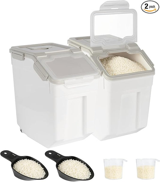 2 Pack Rice Container 25 lbs Large Bulk Flour Sugar Storage Holdhouse Plastic Grain Cereal Dry Goods Bin with Spoon and Measuring Cup for Kitchen Pantry Organization - Grey by MXCELL