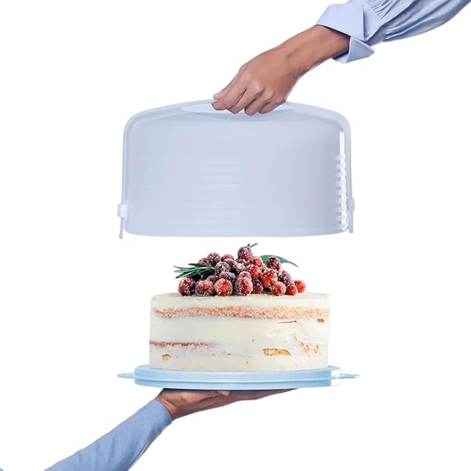 Tupperware Round Cake Taker Carrier Ice Blue Sheer with Ice Blue Base - Image 2
