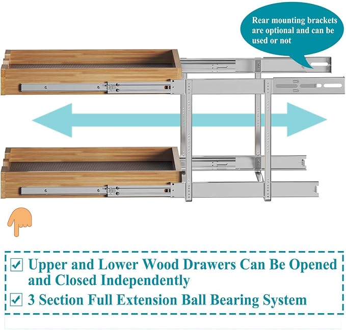 OCG 2 Tier Pull Out Cabinet Organizer (20"W x 21"D), Heavy-Duty Slide out Wood Drawer Shelf, Pull Out Drawer for Cabinets, Base Cabinet Organization for Kitchen, Pantry, Bathroom - Image 6