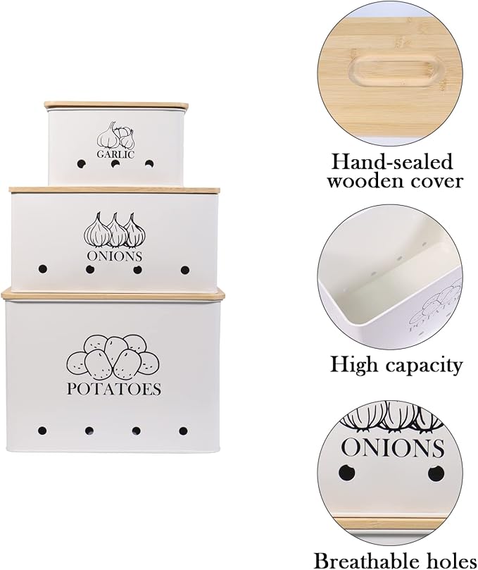 Kitchen Vegetable Storage Tins Set of 3 for Potato Onion & Garlic with Wooden Lid and Aerating Holes, Kitchen Storage Canisters Set, Vintage Kitchen Decor - White - Image 2