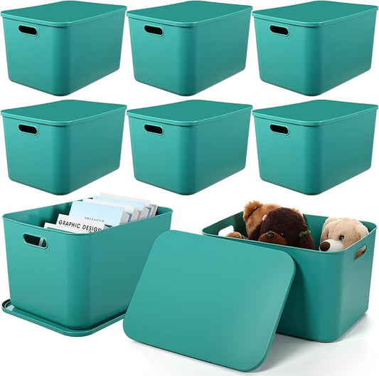 8 Pieces Colorful Storage Bins with Lid, Plastic Storage Basket Organizing Container Stackable Box with Handle for Shelves Desktop Playroom Office(16.1 x 12.0 x 9.7 Inch,Green) by Hoolerry