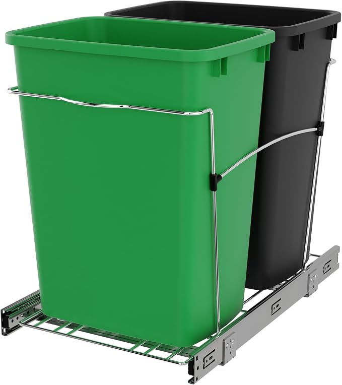 Rev-A-Shelf Double 35 Qt Pullout Trash Can for Base Kitchen Cabinets, Garbage Waste & Recycling Bin System with Full Extension Slides, Min Opening Width of 14.5", Green/Black, RV-18KD-1918C-S by Rev-A-Shelf