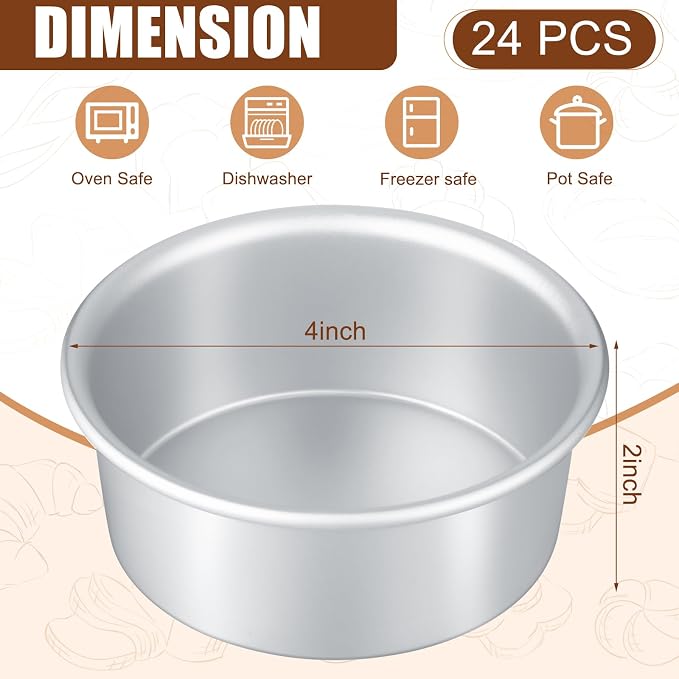 24 Pack Small 4 Inch Cake Pan Aluminum Mini Round Cake Baking Pans Tins Set with 100 Pcs Parchment Paper Rounds Non Toxic Healthy Leakproof Easy Clean Mirror Finish Dishwasher Safe - Image 2