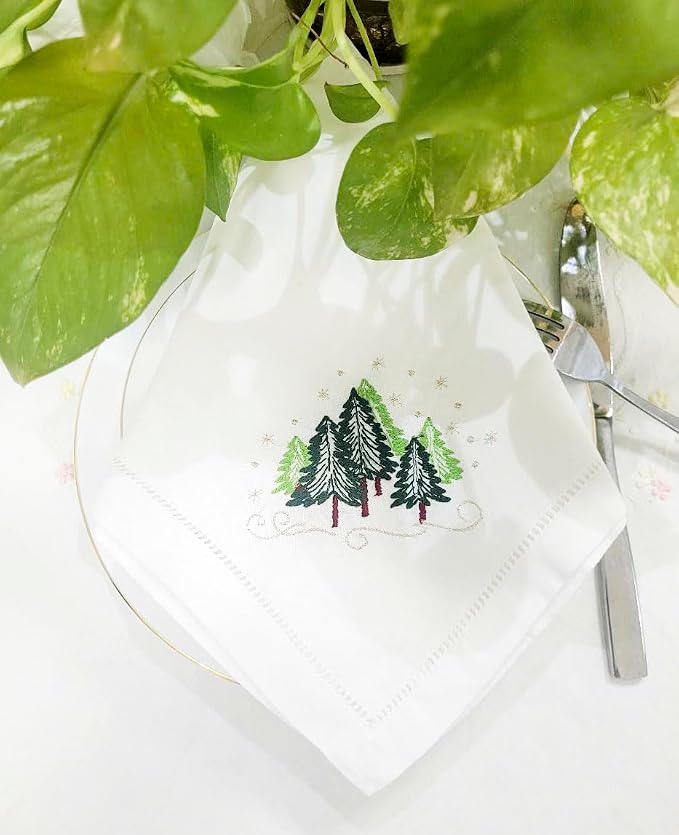Embroidered Cloth Napkin Christmas Trees Cotton Napkins Set of 6, 20x20 Hemstitch Table Napkins Machine Washable, Daily & Christmas, Great Present Ideas - Image 5