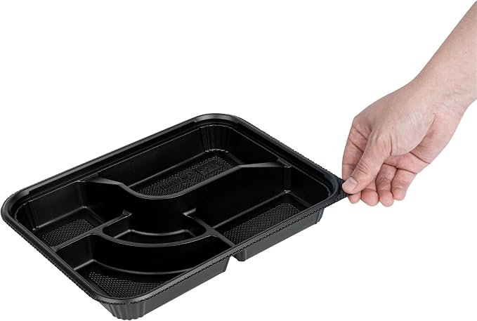 Restaurantware-Bento Tek 26.2 Ounce Meal Prep Containers, 50 Disposable To Go Food Boxes - Lids Sold Separately, 5 Compartments, Black Plastic Bento Lunch Boxes, Microwavable, Freezable - Image 7