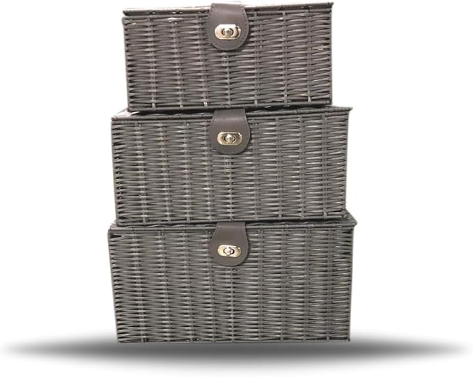 ARPAN Set of 3 Resin Woven Utility Storage Basket Box With Lid & Lock (Grey) - Image 4