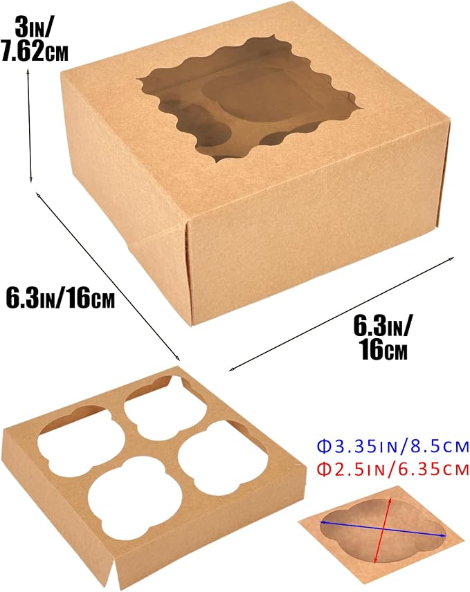 qiqee Auto-pop Up Cupcake Boxes with Window Brown 100PCS 4 Count Cupcake Box 6.3"x6.3"x3" Cupcakes Carrier, 4 Cupcake Containers - Image 5