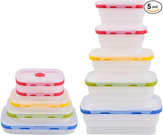 Collapsible Food Storage Containers, 5 Piece, 12-40 oz | Silicone, Airtight Lids, Space-Saving, Reusable Meal Prep, Microwave, Freezer & Dishwasher Safe by SmartDesignForEverydayLife